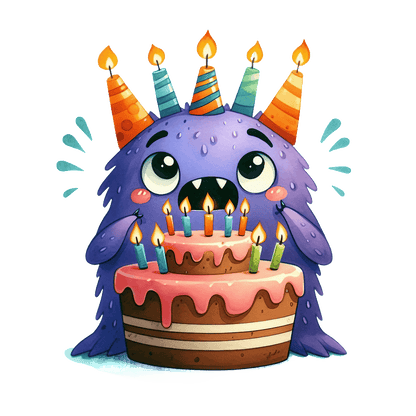 A cute purple monster joyfully celebrates with a festive birthday cake, adorned with colorful candles and party hats.DTF Transfers