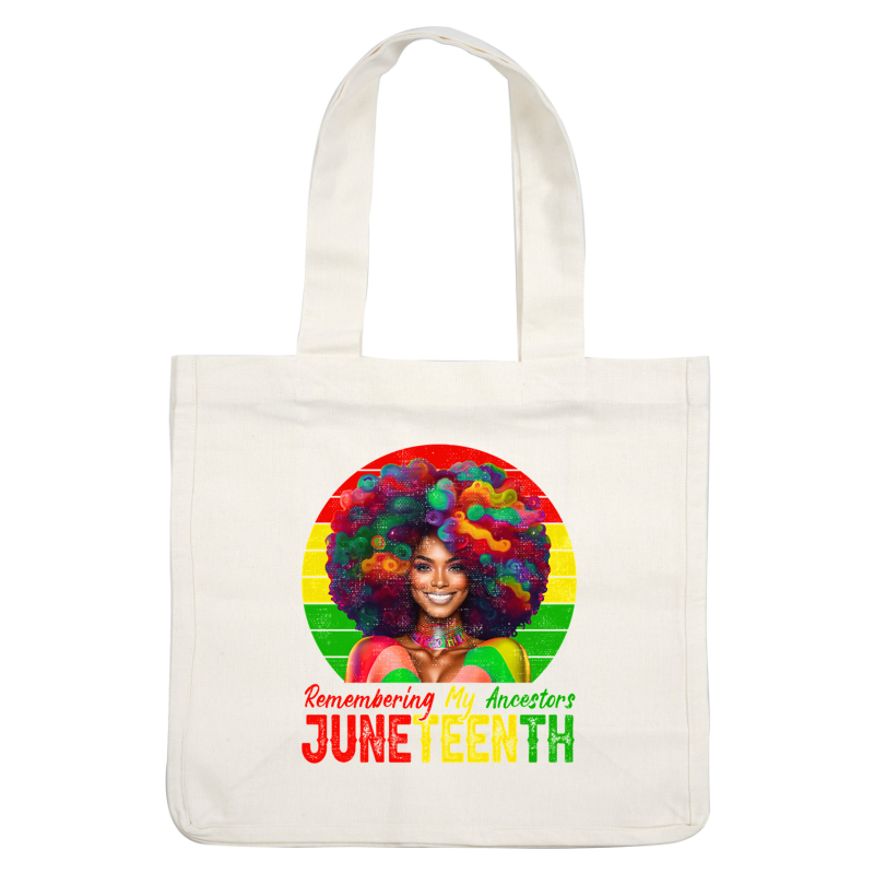 A vibrant, colorful illustration celebrating Juneteenth, featuring a woman with a bold, curly hairstyle and a proud expression.dtf regular iron