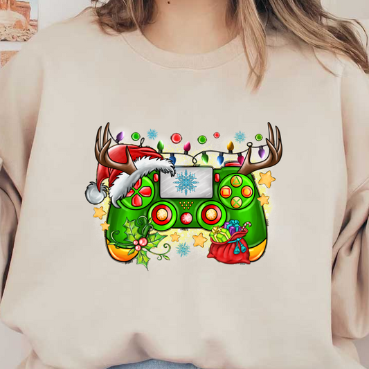 Celebrate the holidays with this festive gaming controller, adorned with antlers, a Santa hat, and colorful decorations!DTF Transfers dtf prints