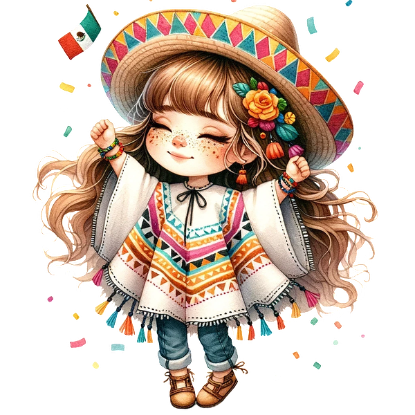 Una alegre niña con un poncho colorido y un sombrero celebra con flores en el pelo, rodeada de confeti festivo.