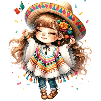 Una alegre niña con un poncho colorido y un sombrero celebra con flores en el pelo, rodeada de confeti festivo.