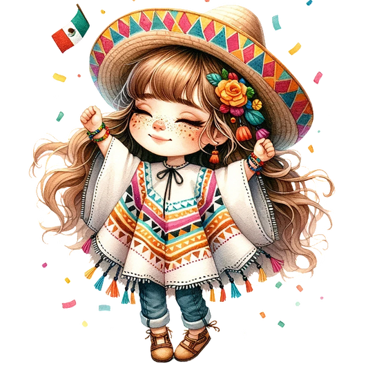 A cheerful girl in a colorful poncho and sombrero celebrates with flowers in her hair, surrounded by festive confetti. dtf transfers