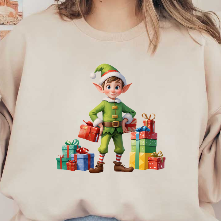 Cheerful Christmas Elf with Gift & Wraps | DTF Transfers & Prints | MakeDTF