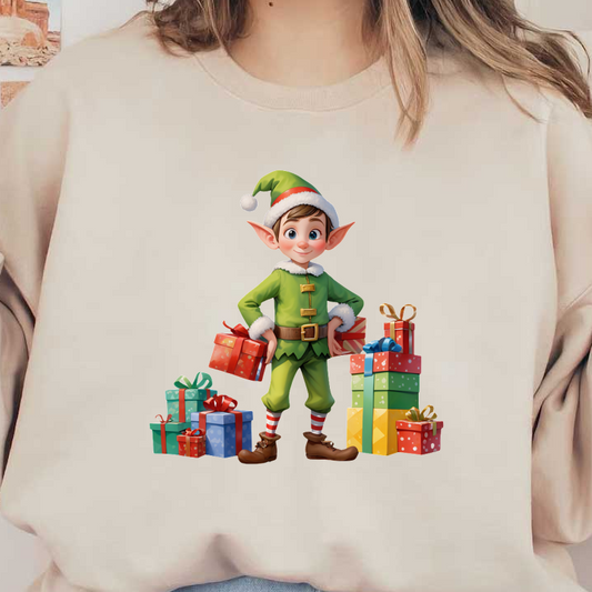 A cheerful Christmas elf in a green outfit holds a gift, surrounded by colorful wrapped presents.DTF Transfersdtf regular iron