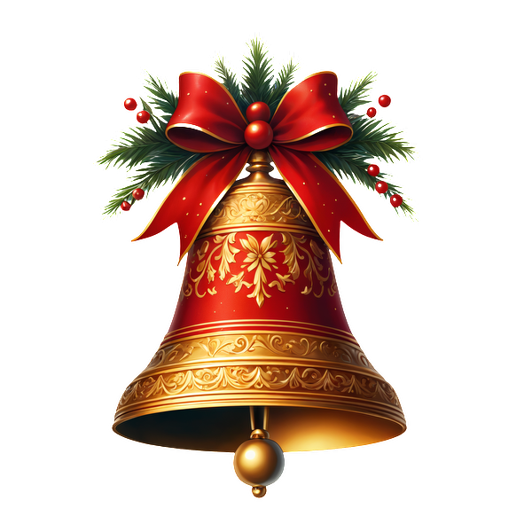 A beautifully ornate gold Christmas bell adorned with a festive red bow, holly, and pine accents. heat press transfers