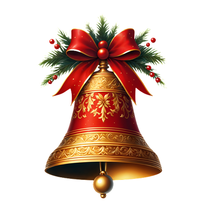 A beautifully ornate gold Christmas bell adorned with a festive red bow, holly, and pine accents. heat press transfers