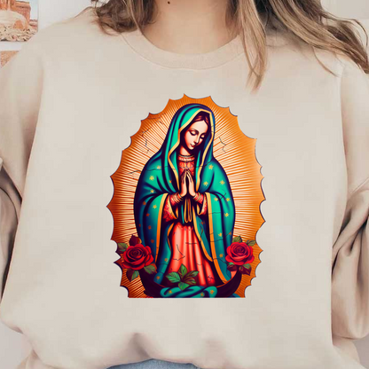 A vibrant depiction of the Virgin Mary, adorned with turquoise and red robes, surrounded by roses and radiant golden rays. heat press transfers