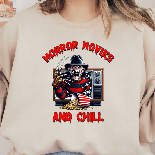 A colorful graphic featuring a horror-themed character with claws, emerging from a vintage TV, promoting "Horror Movies and Chill."dtf regular iron