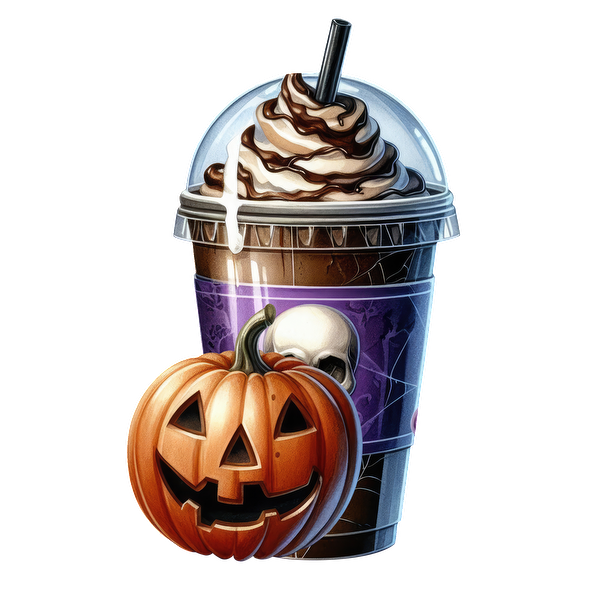 Un frappuccino festivo con temática de Halloween cubierto con crema batida, junto a una calabaza tallada, ¡perfecto para celebrar la temporada espeluznante!