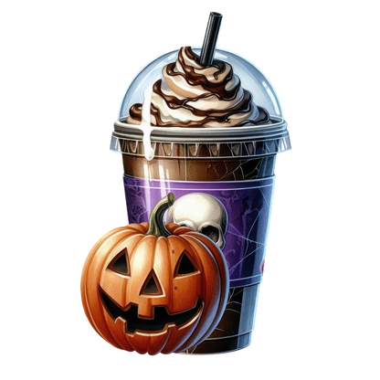 Un frappuccino festivo con temática de Halloween cubierto con crema batida, junto a una calabaza tallada, ¡perfecto para celebrar la temporada espeluznante!