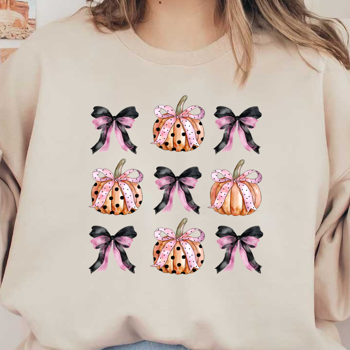 This whimsical pattern features charming pumpkins adorned with pink and black polka dot ribbons, perfect for autumn decor.