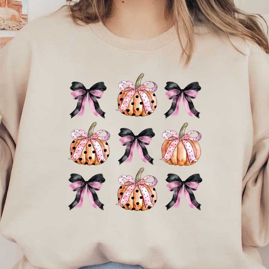 This whimsical pattern features charming pumpkins adorned with pink and black polka dot ribbons, perfect for autumn decor.