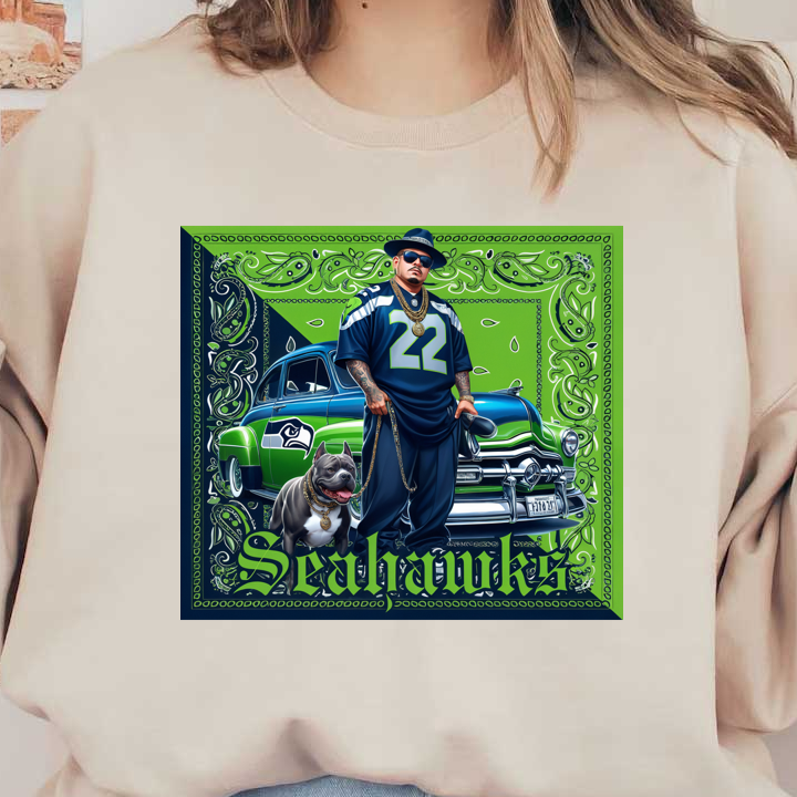 Una ilustración vibrante que presenta a un fanático del fútbol con una camiseta de los Seahawks, un perro elegante y un auto clásico de fondo.