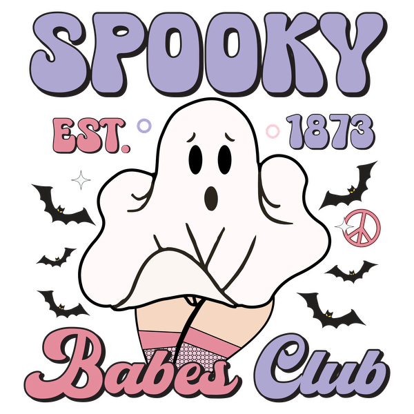 A playful design featuring a cartoon ghost, with the text "Spooky Babes Club" and a vintage date of 1873.dtf regular iron