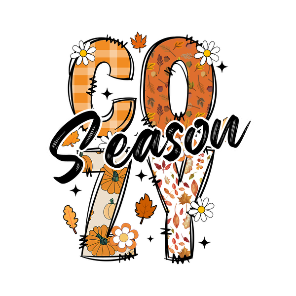 Un diseño vibrante y divertido que muestra las palabras "Cozy Season" con patrones de temática otoñal, flores y colores de temporada.