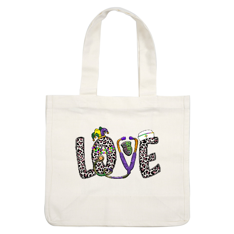 A cheerful and vibrant design featuring the word "LOVE" adorned with Mardi Gras decorations, a playful mask, and a stethoscope.DTF Transfers