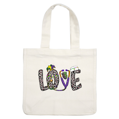 A cheerful and vibrant design featuring the word "LOVE" adorned with Mardi Gras decorations, a playful mask, and a stethoscope.DTF Transfers