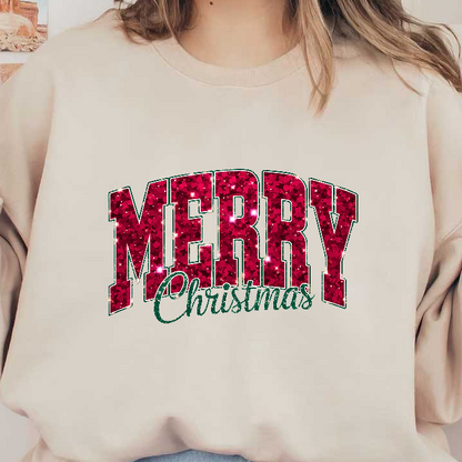 Sparkling red "Merry Christmas" graphic perfect for festive celebrations and decorations.DTF Transfers