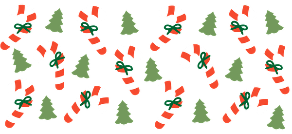 A festive pattern featuring red and white candy canes adorned with green bows and cheerful Christmas trees.UV Transfers dtf transfers