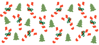 A festive pattern featuring red and white candy canes adorned with green bows and cheerful Christmas trees.UV Transfers dtf transfers