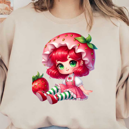 This whimsical illustration features a character wearing a cute strawberry-themed outfit, complete with a large strawberry hat and striped stockings.DTF Transfers