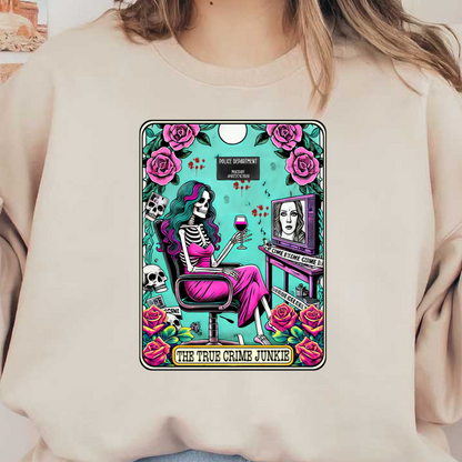 Una ilustración vibrante y peculiar presenta un esqueleto con un vestido rosa bebiendo vino, rodeado de rosas y calaveras, celebrando la verdadera cultura del crimen.