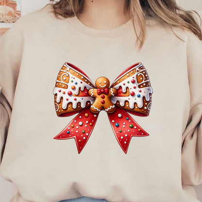 A festive gingerbread bow featuring colorful icing, sprinkles, and a cheerful gingerbread man centerpiece, perfect for the holidays! heat press transfers