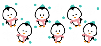 A cheerful pattern featuring cute cartoon penguins wearing hats and scarves, surrounded by snowflakes and colorful dots.UV Transfers heat press transfers