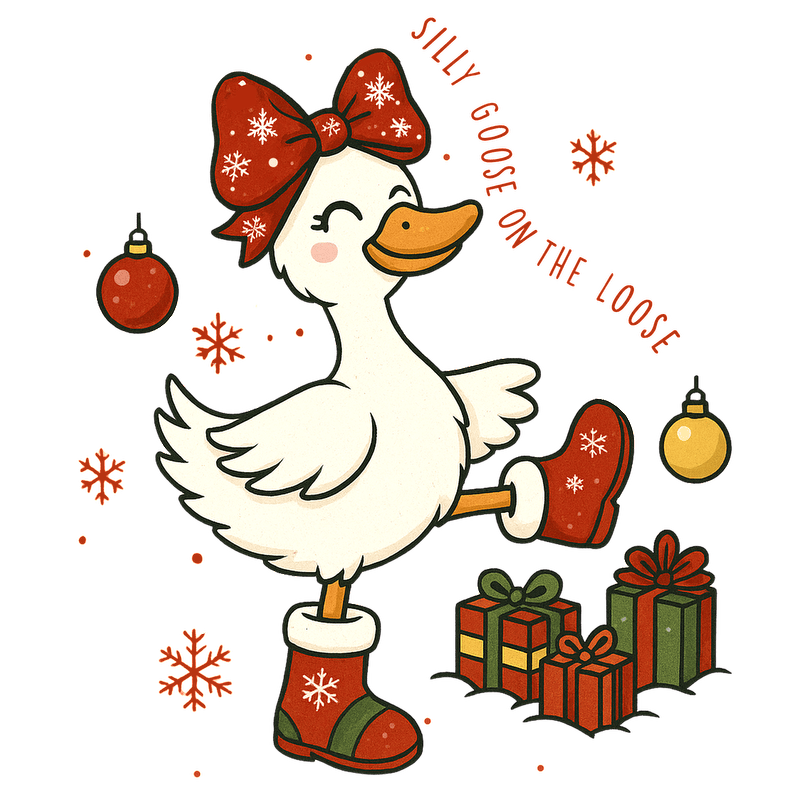 Festive cartoon duck, wearing a bow and boots, surrounded by holiday decorations.DTF Transfers