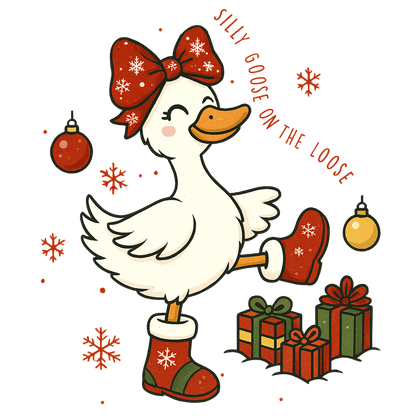 Festive cartoon duck, wearing a bow and boots, surrounded by holiday decorations.DTF Transfers