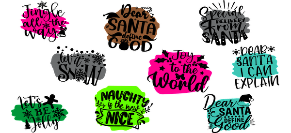 A colorful collection of festive quotes and phrases perfect for holiday designs, featuring playful typography and cheerful themes.UV Transfers dtf prints dtf prints