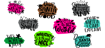 A colorful collection of festive quotes and phrases perfect for holiday designs, featuring playful typography and cheerful themes.UV Transfers dtf prints dtf prints