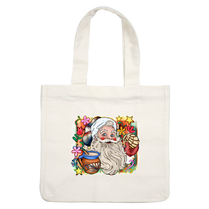 A festive illustration featuring Santa with a colorful background, surrounded by flowers, a traditional pot, and a concha pastry.DTF Transfers heat press transfers