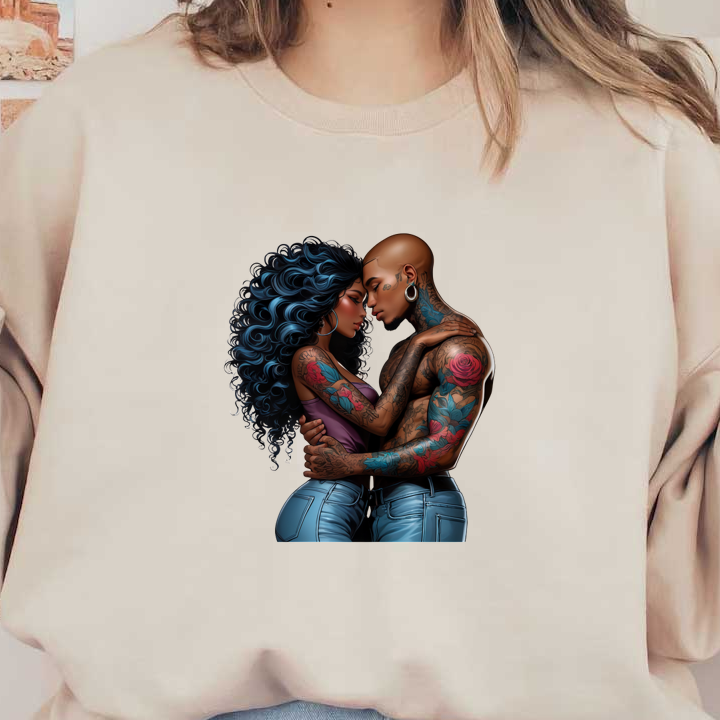 A couple embraces passionately, showcasing vibrant tattoos and stylish denim, with the woman featuring voluminous curly hair and the man sporting a shaved head.DTF Transfers heat press transfers