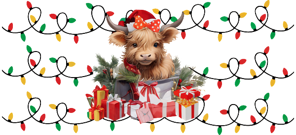 A cheerful cow wearing a festive hat peeks out from a gift box surrounded by colorful holiday lights and presents.UV Transfers dtf prints