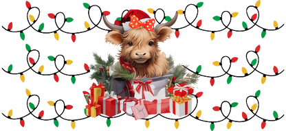 A cheerful cow wearing a festive hat peeks out from a gift box surrounded by colorful holiday lights and presents.UV Transfers dtf prints