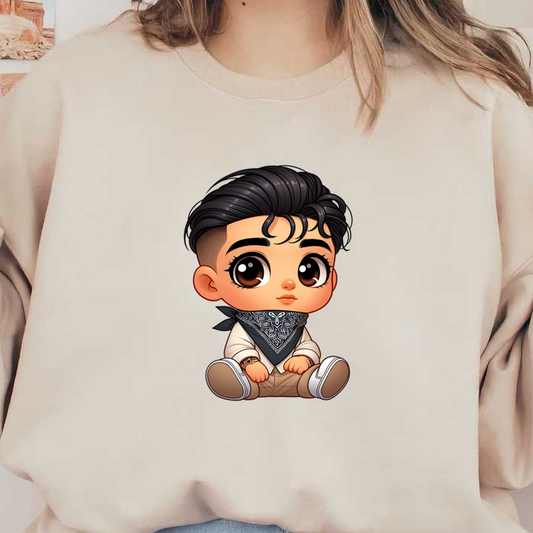 Un simpático personaje de dibujos animados con cabello elegante, vestido con un pañuelo y ropa informal, se sienta adorablemente en el suelo.