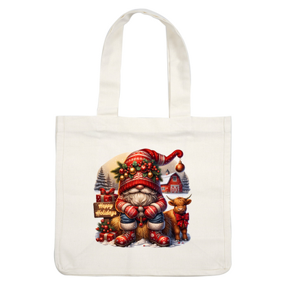 A festive gnome in a red and white outfit sits next to a cow, surrounded by holiday gifts and decorations.DTF Transfers heat press transfers