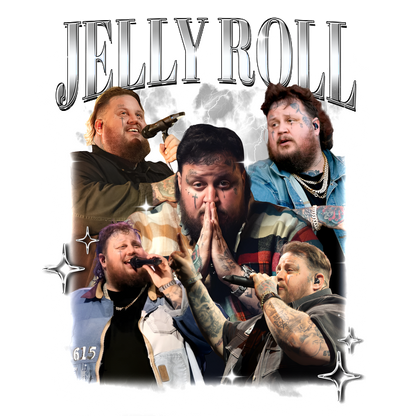 A vibrant collage of Jelly Roll performing, showcasing his expressive stage presence and unique style in a dynamic highlight.DTF Transfers dtf transfers