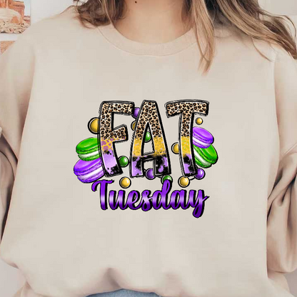 Celebrate Fat Tuesday with vibrant, leopard-patterned lettering and colorful macaroons, capturing the festive spirit of this joyful occasion!DTF Transfers