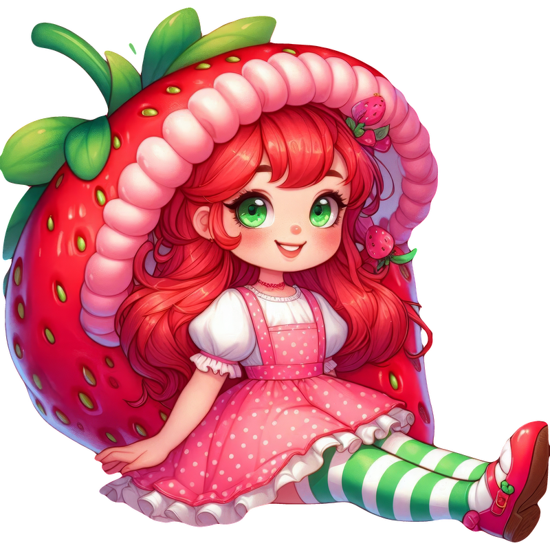 A whimsical illustration of a girl sitting inside a large strawberry, wearing a pink dress, striped socks, and playful red shoes.DTF Transfers