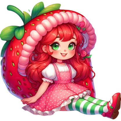 A whimsical illustration of a girl sitting inside a large strawberry, wearing a pink dress, striped socks, and playful red shoes.DTF Transfers