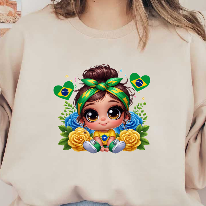 Una niña linda y alegre con un atuendo de temática brasileña y una diadema verde y amarilla, rodeada de flores y corazones de colores. Transferencias DTF