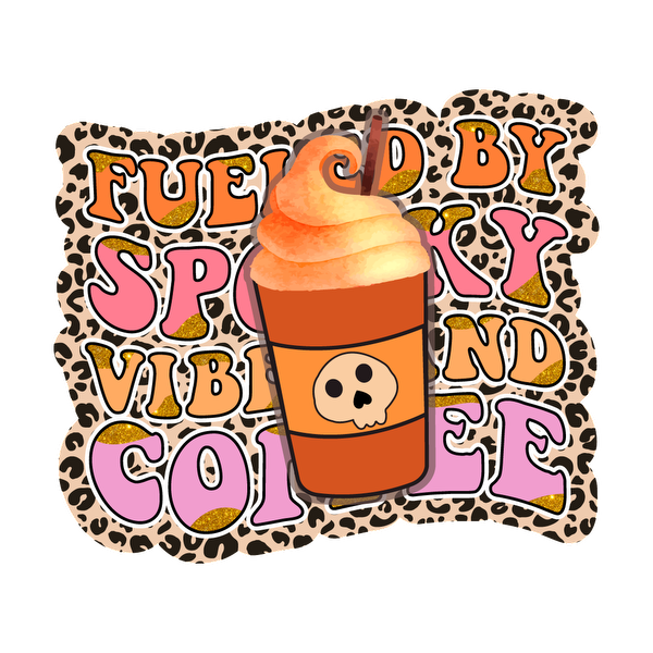 A playful illustration featuring a coffee cup topped with orange cream and a skull design, surrounded by fun, colorful text.dtf regular iron