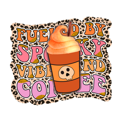 A playful illustration featuring a coffee cup topped with orange cream and a skull design, surrounded by fun, colorful text.dtf regular iron