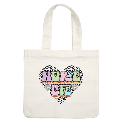 A vibrant heart-shaped design featuring the playful text "NURSE LIFE" in colorful, bold letters with cheerful flowers and a leopard print background.DTF Transfers