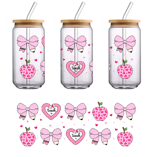 a patterned green shirt with hearts and pink apples and bows on it.UV Transfers