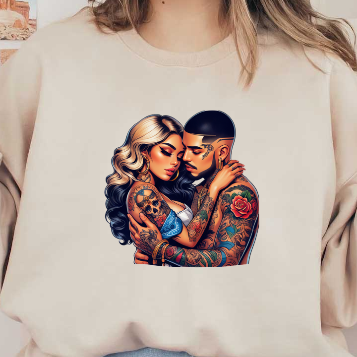 A passionate embrace between a tattooed couple, showcasing intricate body art and bold hairstyles, highlighting their strong connection.DTF Transfersdtf regular iron