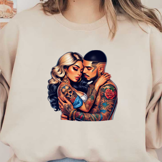 A passionate embrace between a tattooed couple, showcasing intricate body art and bold hairstyles, highlighting their strong connection.DTF Transfersdtf regular iron