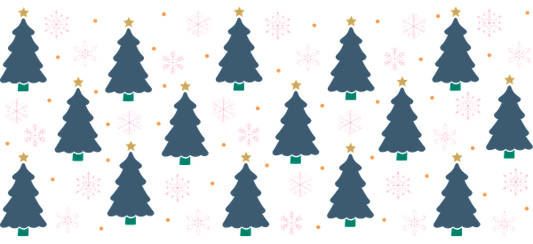 A festive winter pattern featuring blue Christmas trees, delicate snowflakes, and cheerful golden stars on a dark background.UV Transfers dtf transfers